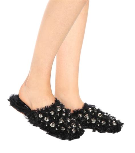 miu miu embellished faux fur slippers|Miu Miu Fashion Slippers .